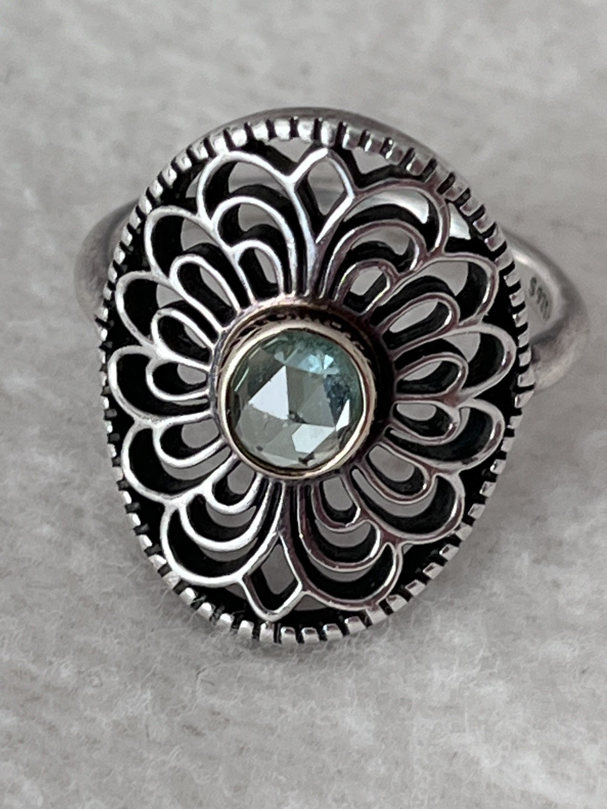 925 Sterling Silver Pandora Allure Green Quartz Filigree Cocktail Ring Size 7.5