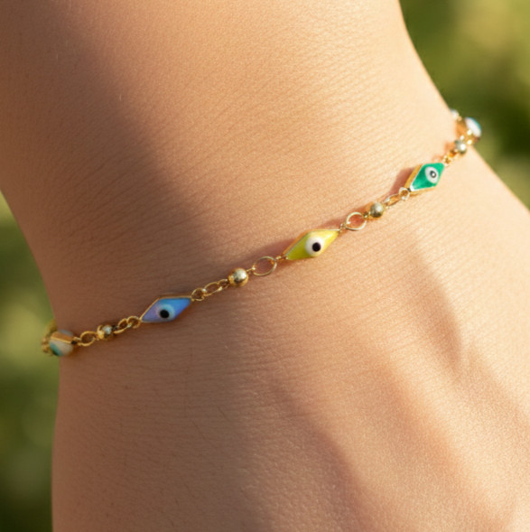 Dainty Multi-Color Evil Eye Link Bracelet | Sleek 18K Gold Plated Designer Chain