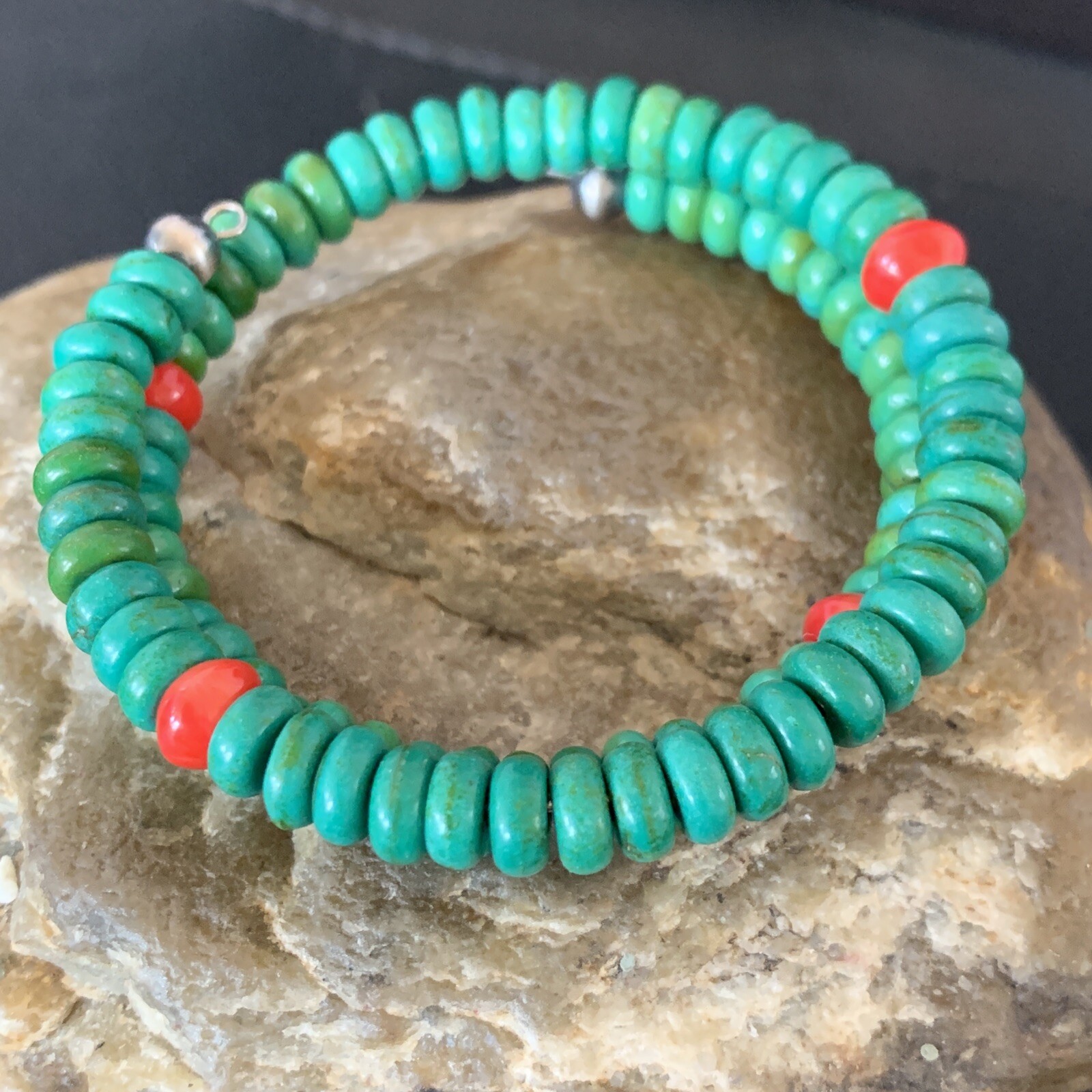 Wrap Memory Wire Stainless Steel Navajo Coral Green Turquoise Bracelet 9″ 13313