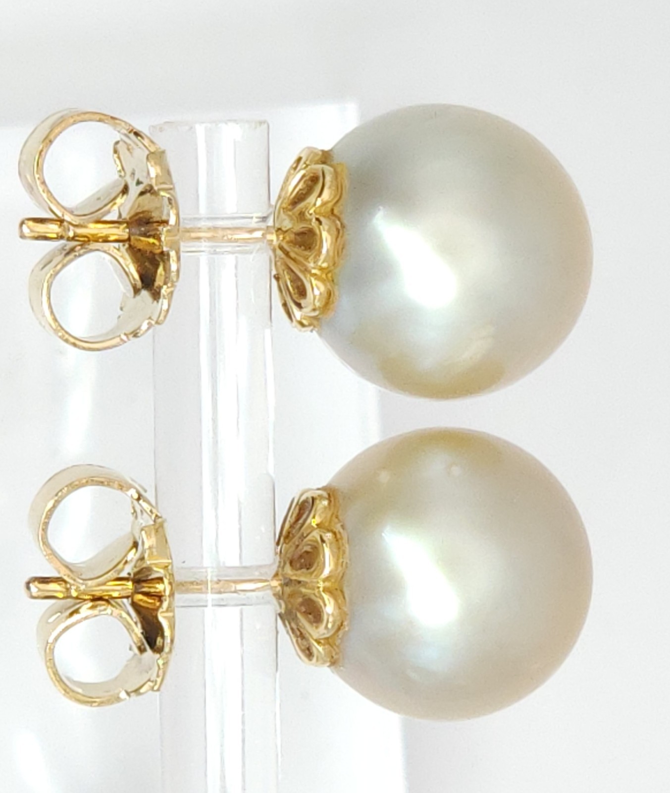 18K Yellow Gold South Sea Cultured Cream Champagne Pearl 12mm Stud Earrings 7g