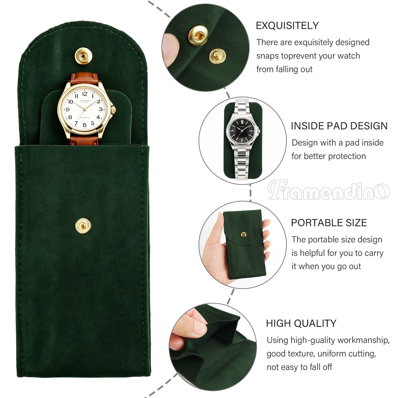Framendino, 4 Pack Velvet Watch Pouch with Snap Button 4 Pack, Multicolor