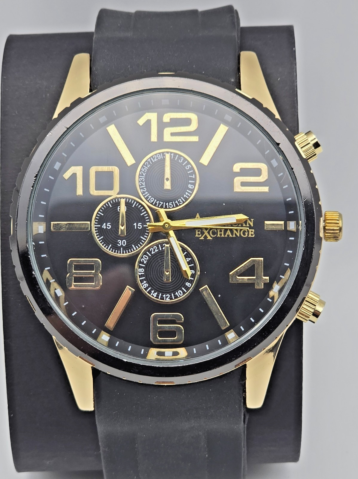 American Exchange Men’s Chronograph Watch Black Gold Silicone New Imperfection