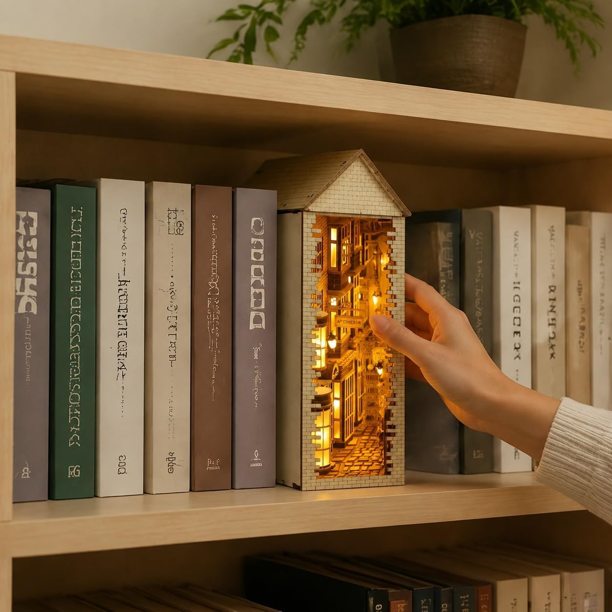 Wizard-Themed Book Nook Kit, Enchanted Street Wooden Bookshelf Insert, DIY Hand-