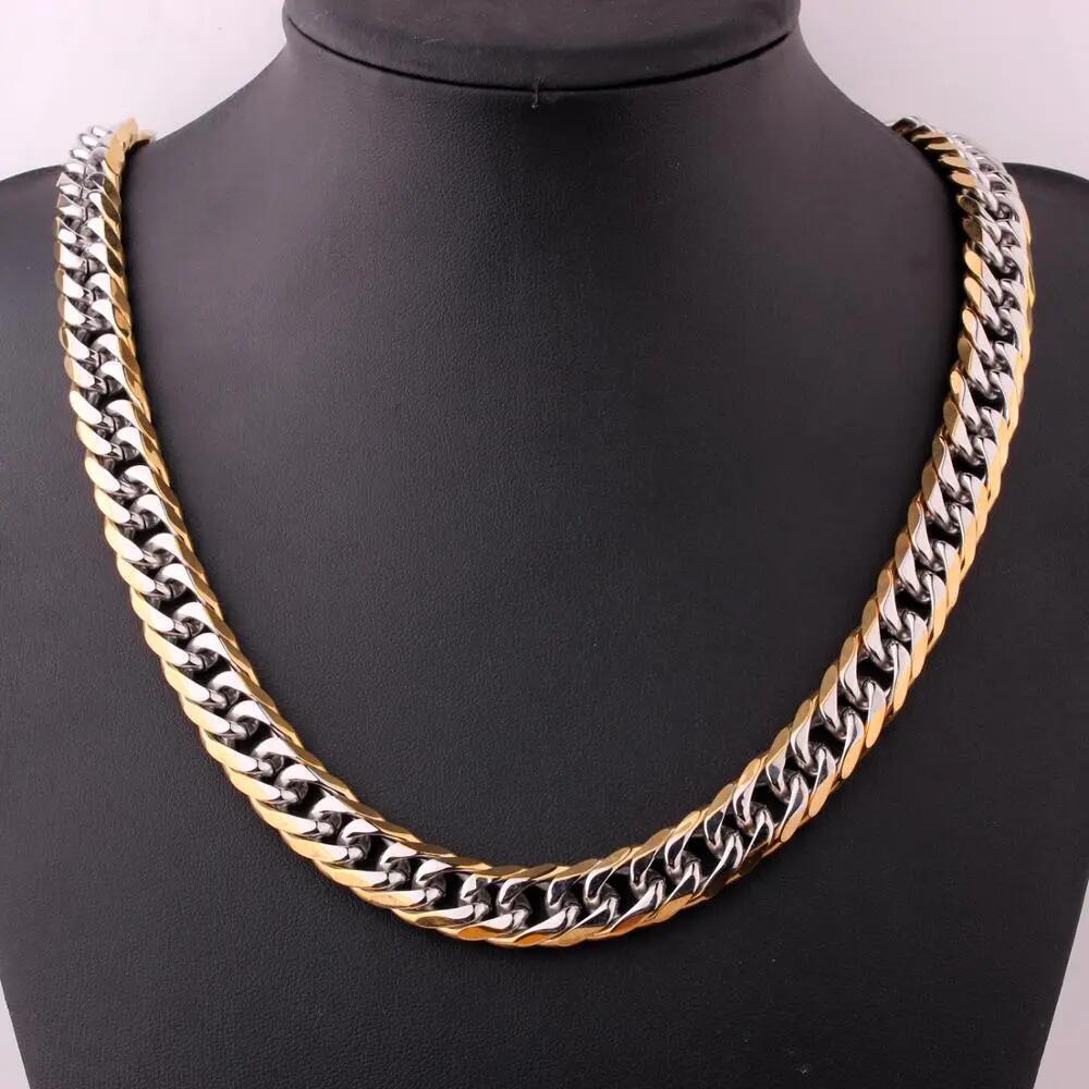 13mm Silver & Gold Tone Stainless Steel Cuban Link Chain Necklace for Men Women