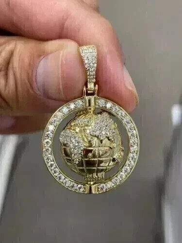 Men’s World Map Pendant 14k Yellow Gold Plated Silver 2Ct Round Cut Moissanite