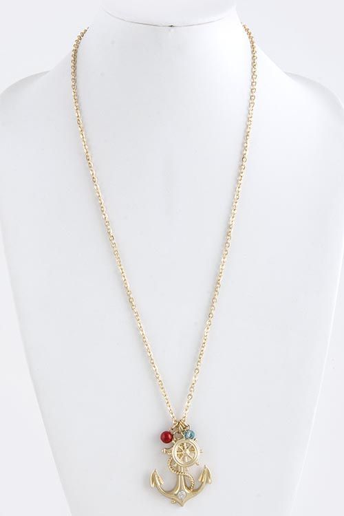 Long Anchor Wheel Crystal Cluster Gold Charm Nautical Necklace D3