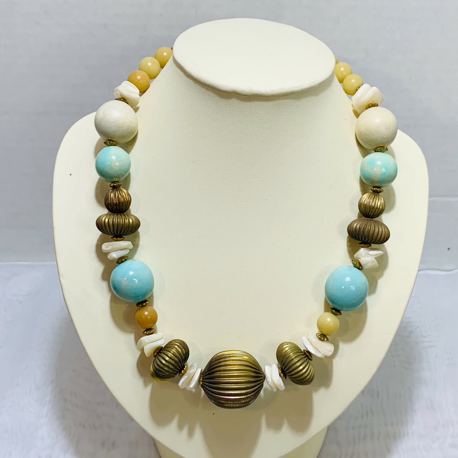 Vintage Designed By Paula Faux Necklace wood, plastic, metal & stone teal bronze