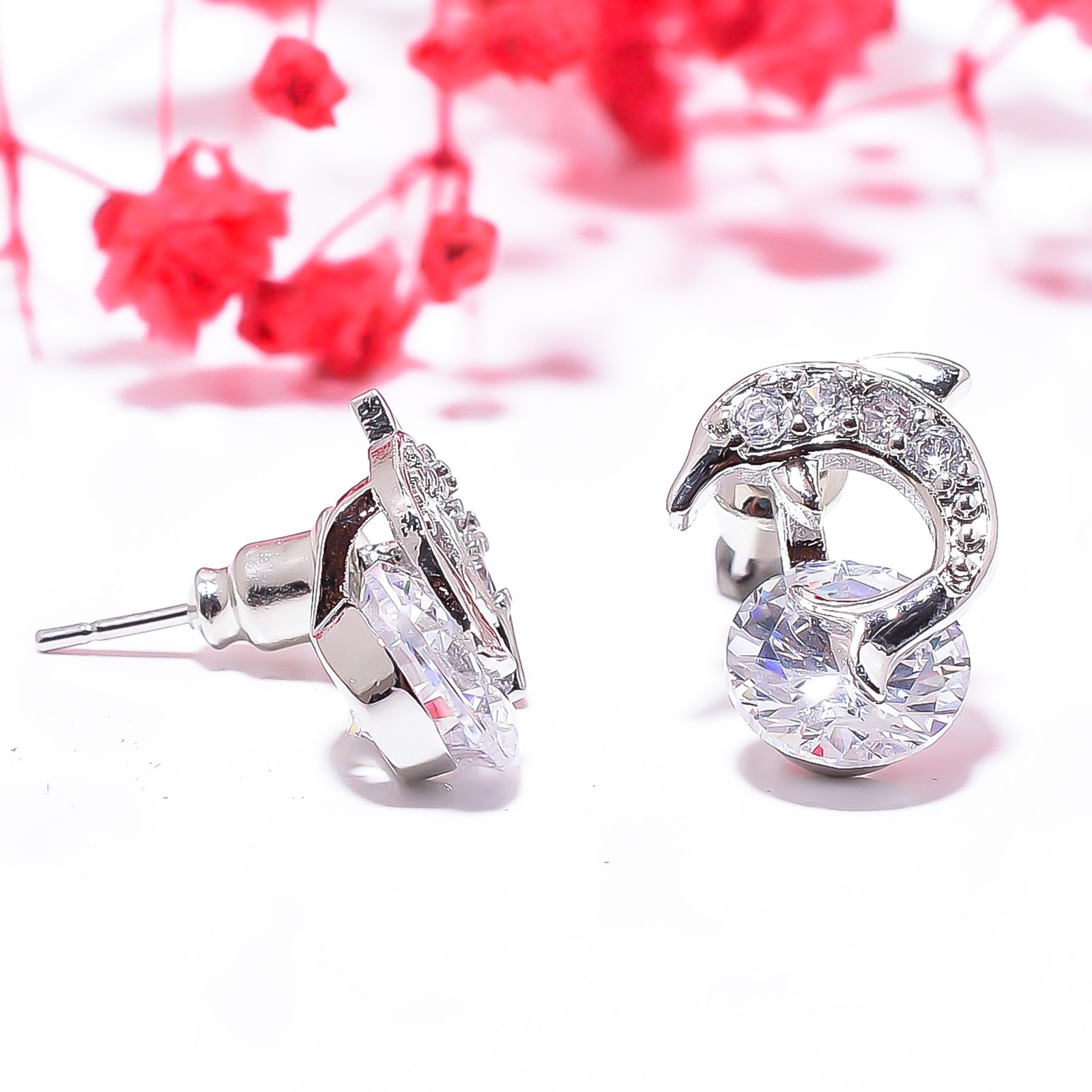 White Topaz & Cz 925 Sterling Silver Dolphin Studs 0.55″ E151816