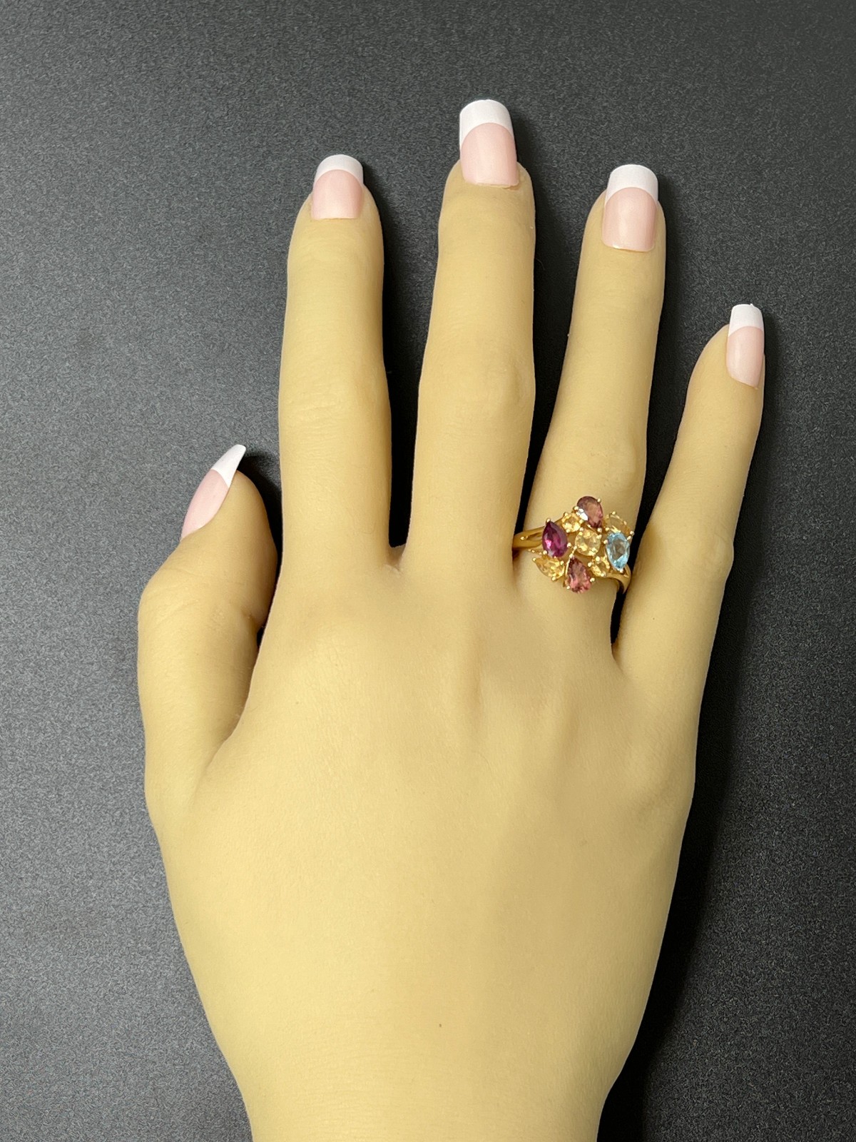 9ct Yellow Gold Ring Amethyst Topaz Garnet Sapphire Multi Gemstone 3.8g Stamped