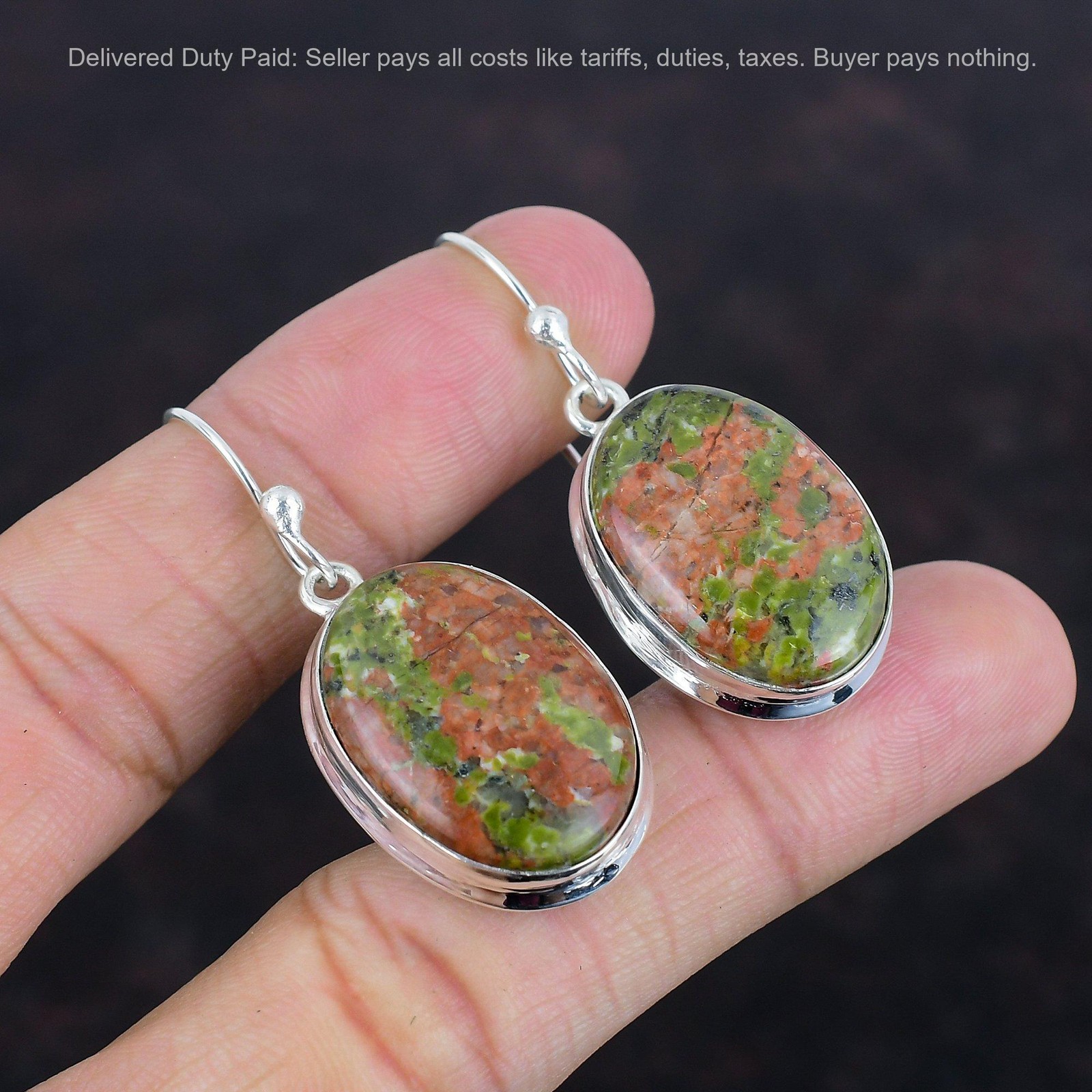 Heart Chakra Natural Unakite Sterling Silver Hook Bezel Drop Artisan Earrings