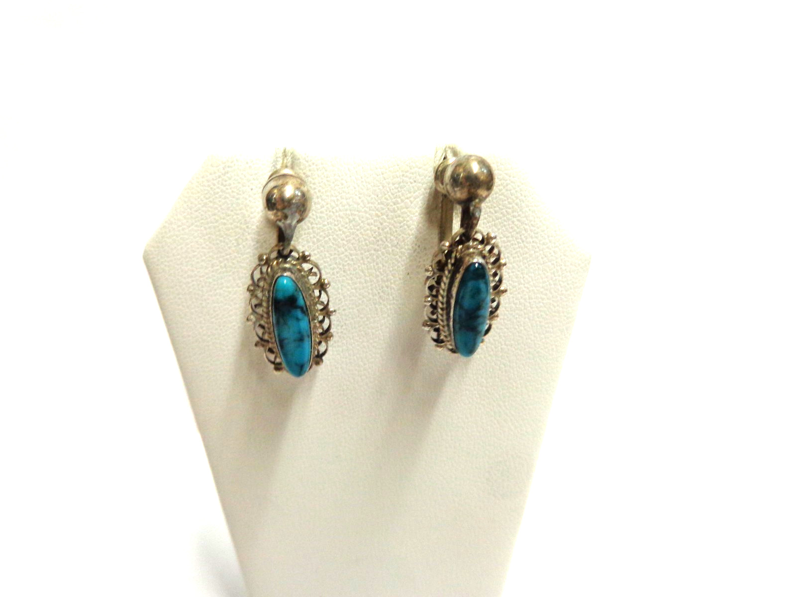 vintage sterling silver turquoise earrings screw on type sz 1.25 in lg wgt 5.3 g
