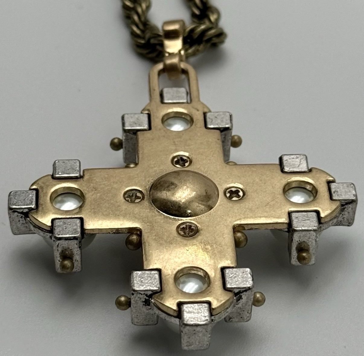 Cabi Tudor Maltese Cross Pendant Necklace Faux Pearl Black Crystal Rope Chain