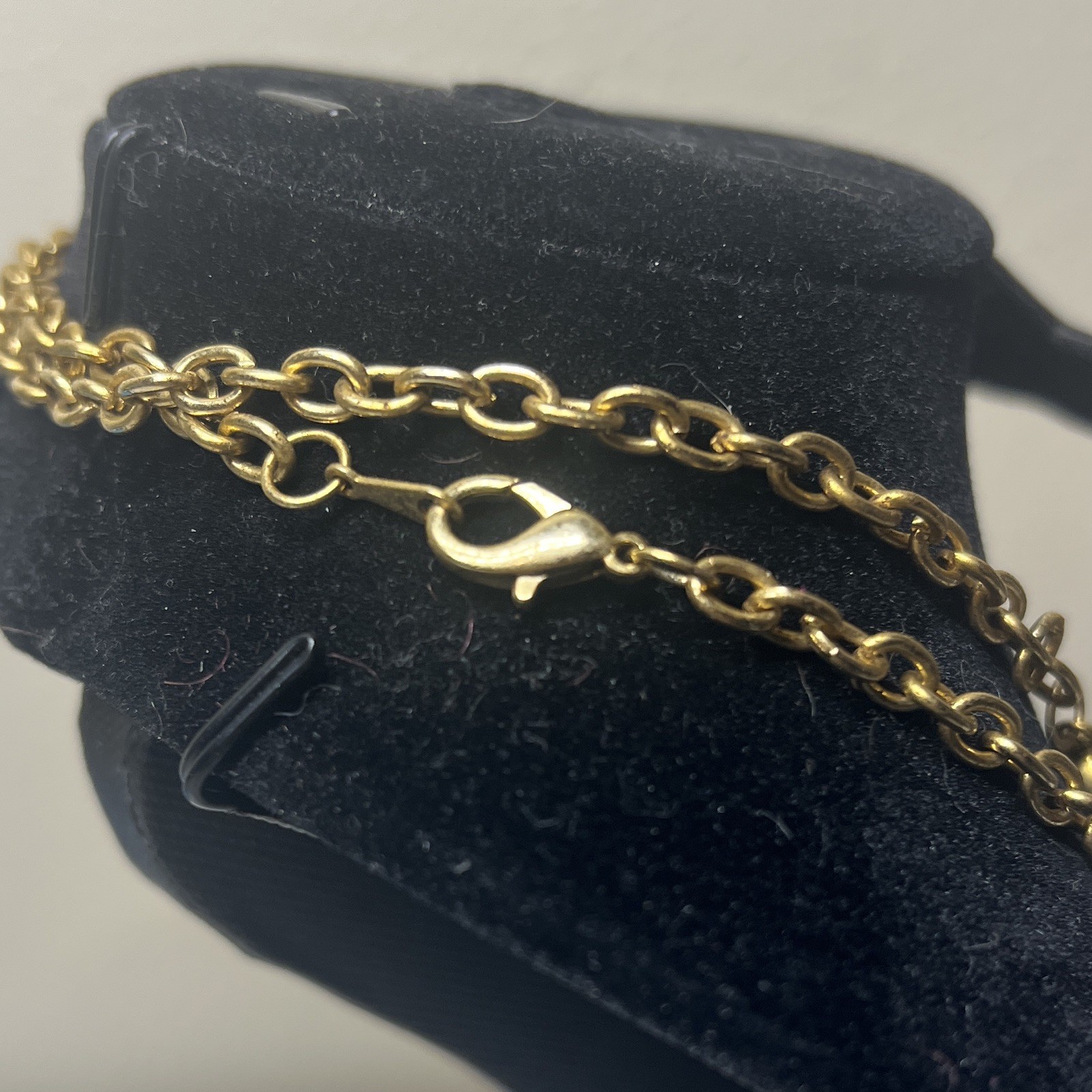 Gold Tone Layered Station Necklace Bezel Red Oval Oval Link Lobster 18 in