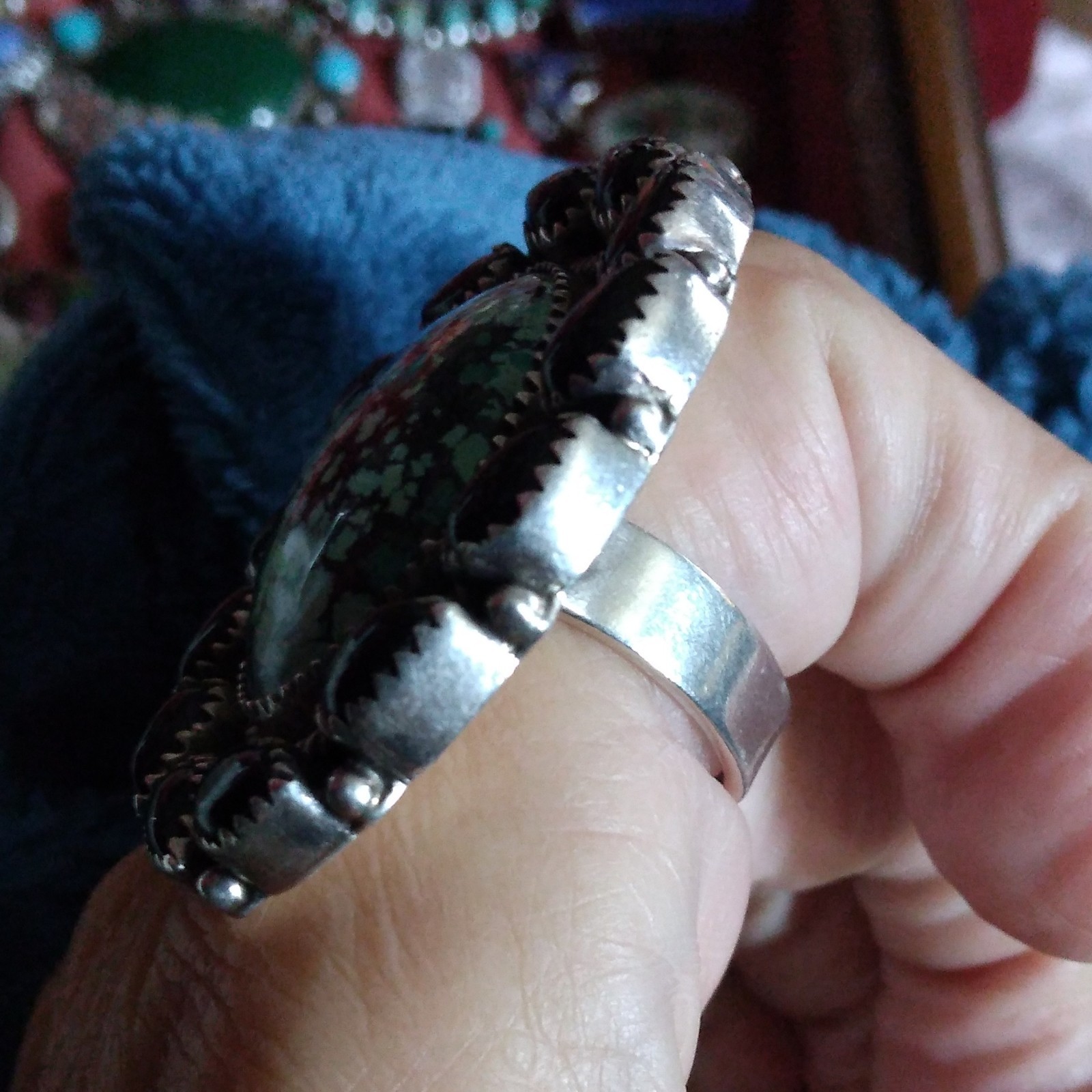 925 Sterling Silver Full Finger Ring Adjustable Oval Turquoise & Black Onyx