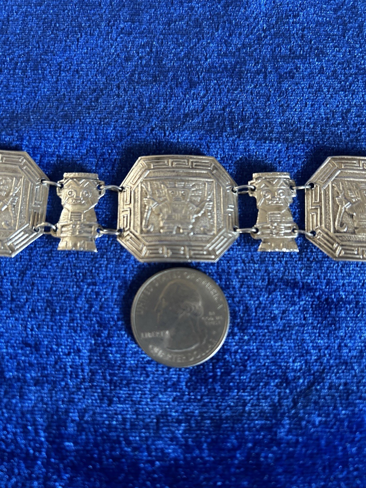 Vintage Estate Sterling Silver Inca Guardians Panel Bracelet Handmade Peru Old