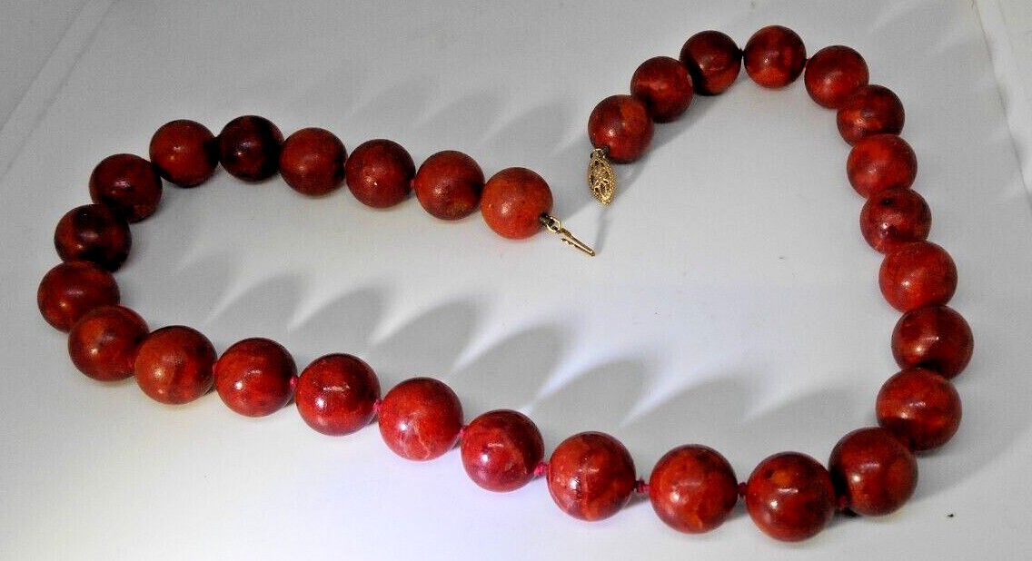 Antique 15mm Red Sponge Coral Bead Necklace 14k Yellow Gold Filigree Clasp 19″