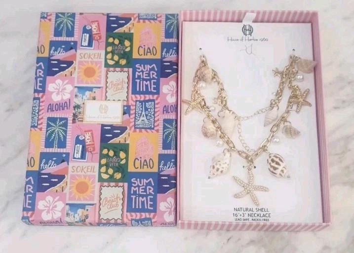 NIB! Chic House of Harlow 1960 Natural Shell Starfish Charm Necklace 16″ + 3″