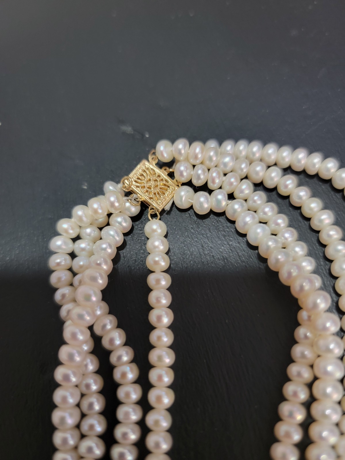 Triple Strand Freshwater Cultured Pearl Necklace 14kt Gold Clasp & Spacers