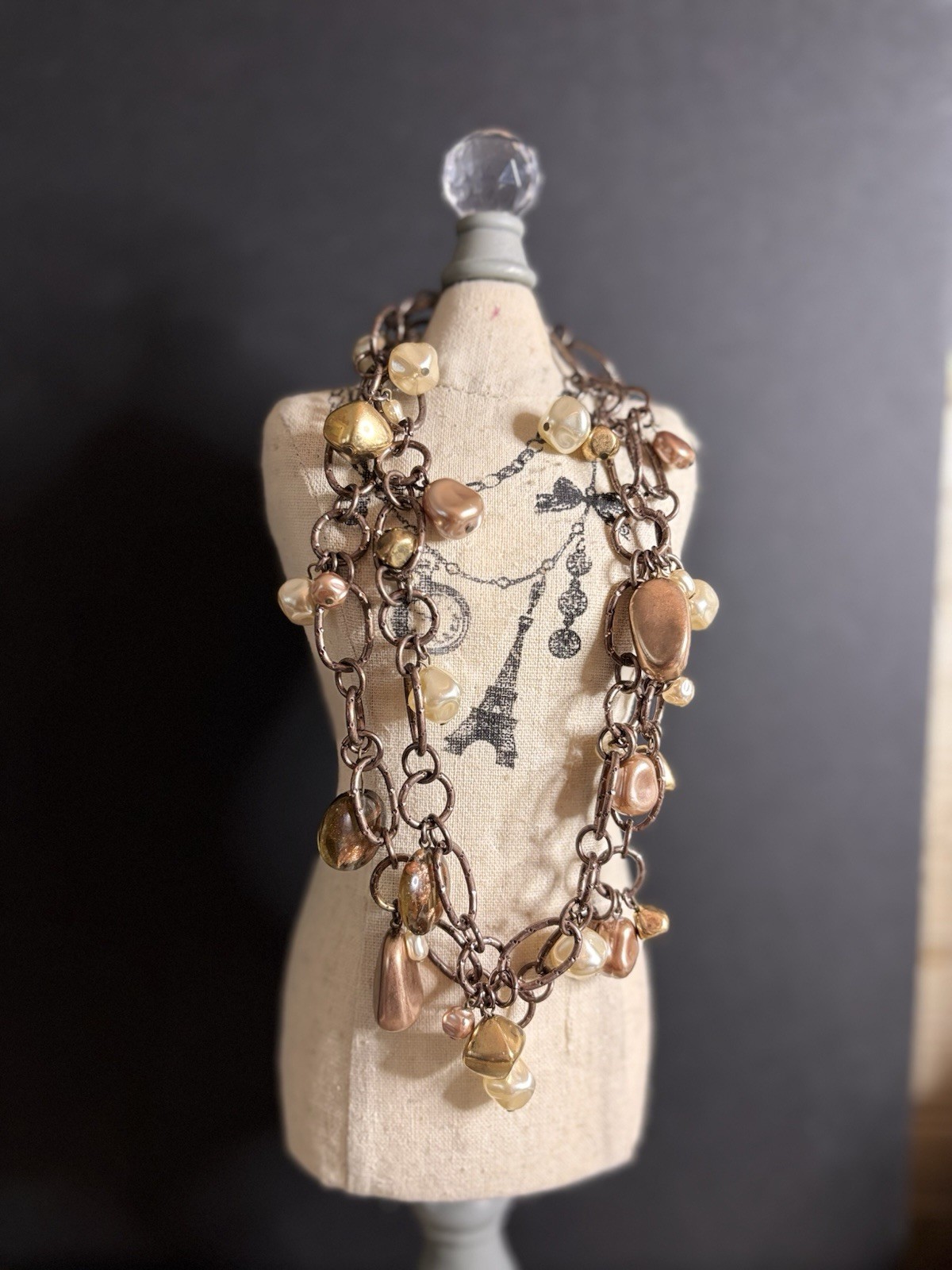 Chico’s Bronze/Gold Tone Link Chain Necklace Faux Pearl Glass Beads 36+” Adj