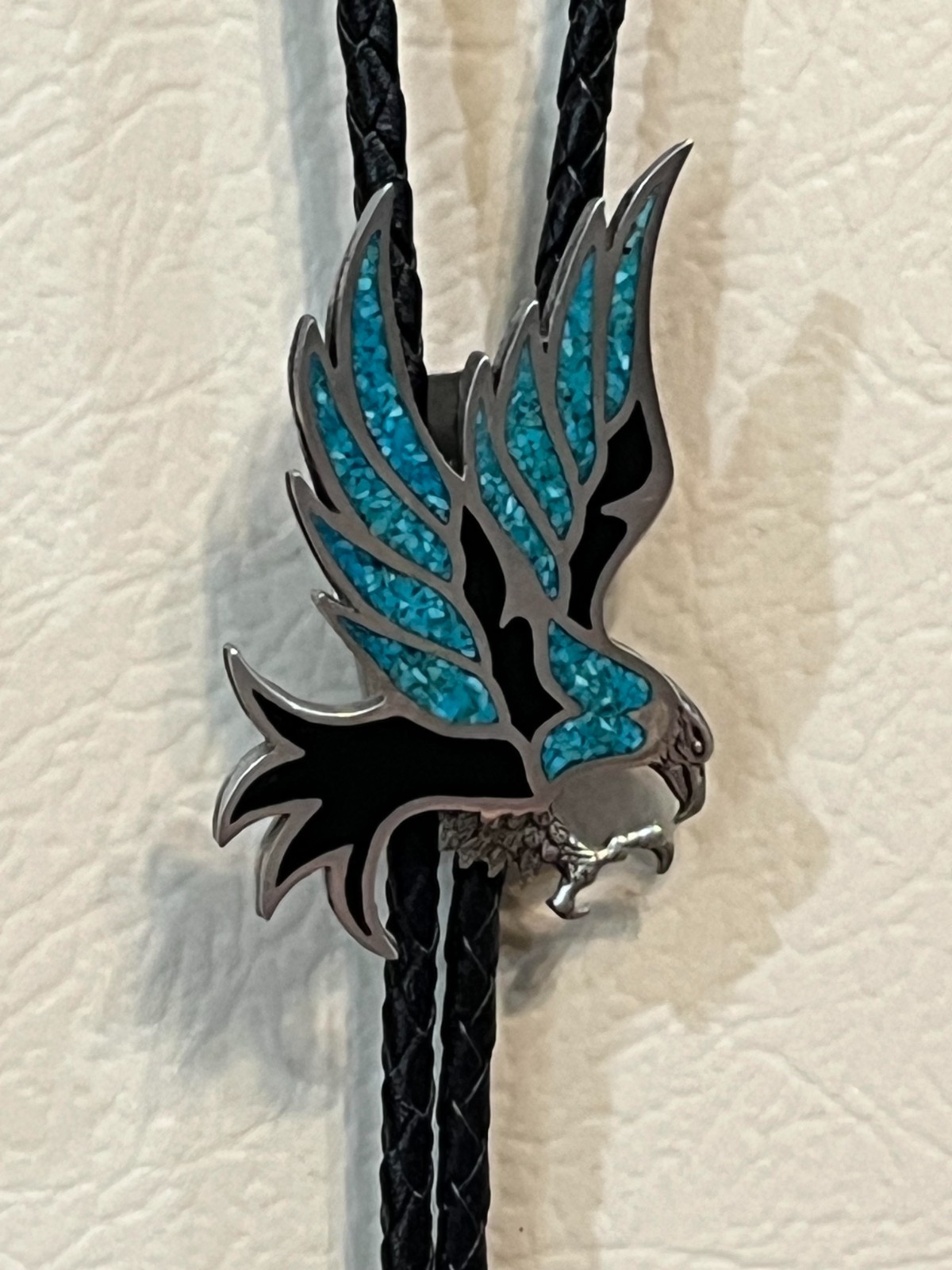 Vintage Eagle Bolo Tie with Turquoise Inlay Silver Tone Bennett style Clasp
