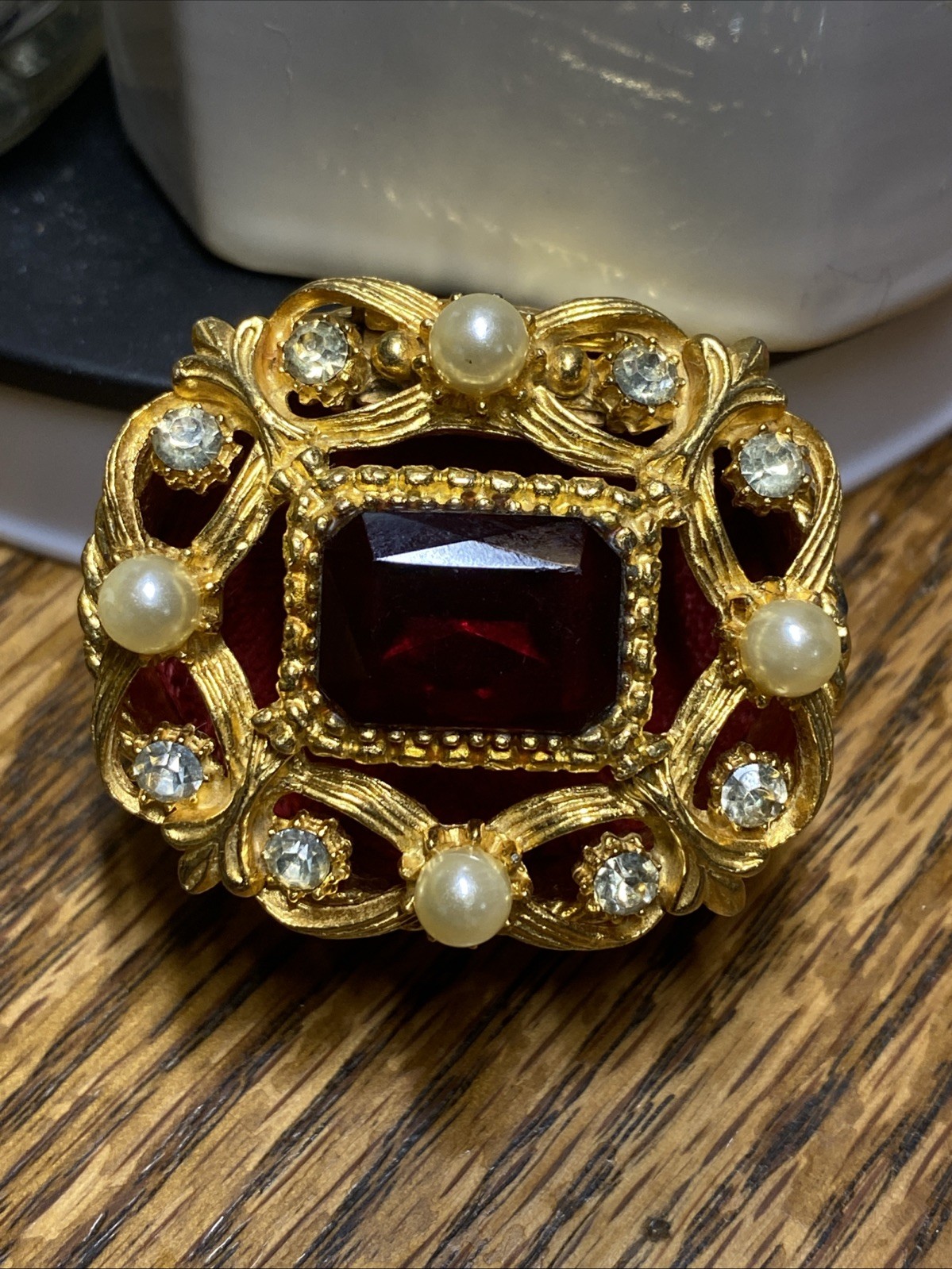 Jewelry Trinket Box Oval Faux Pearls Faux Gems Goldtone Red Velvet Lined Hinged