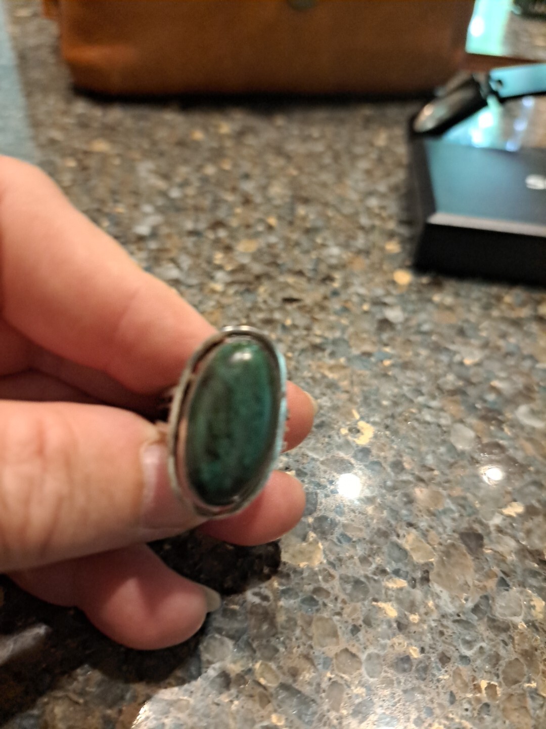 Vintage Sterling Silver 925 Malachite Cabochon Ring Adjustable Size 8 7.69g
