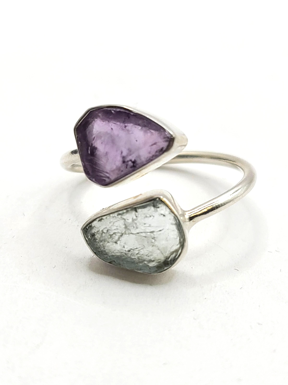 925 Sterling Silver Double Stone Amethyst & Aquamarine Gemstone Ring sz 9