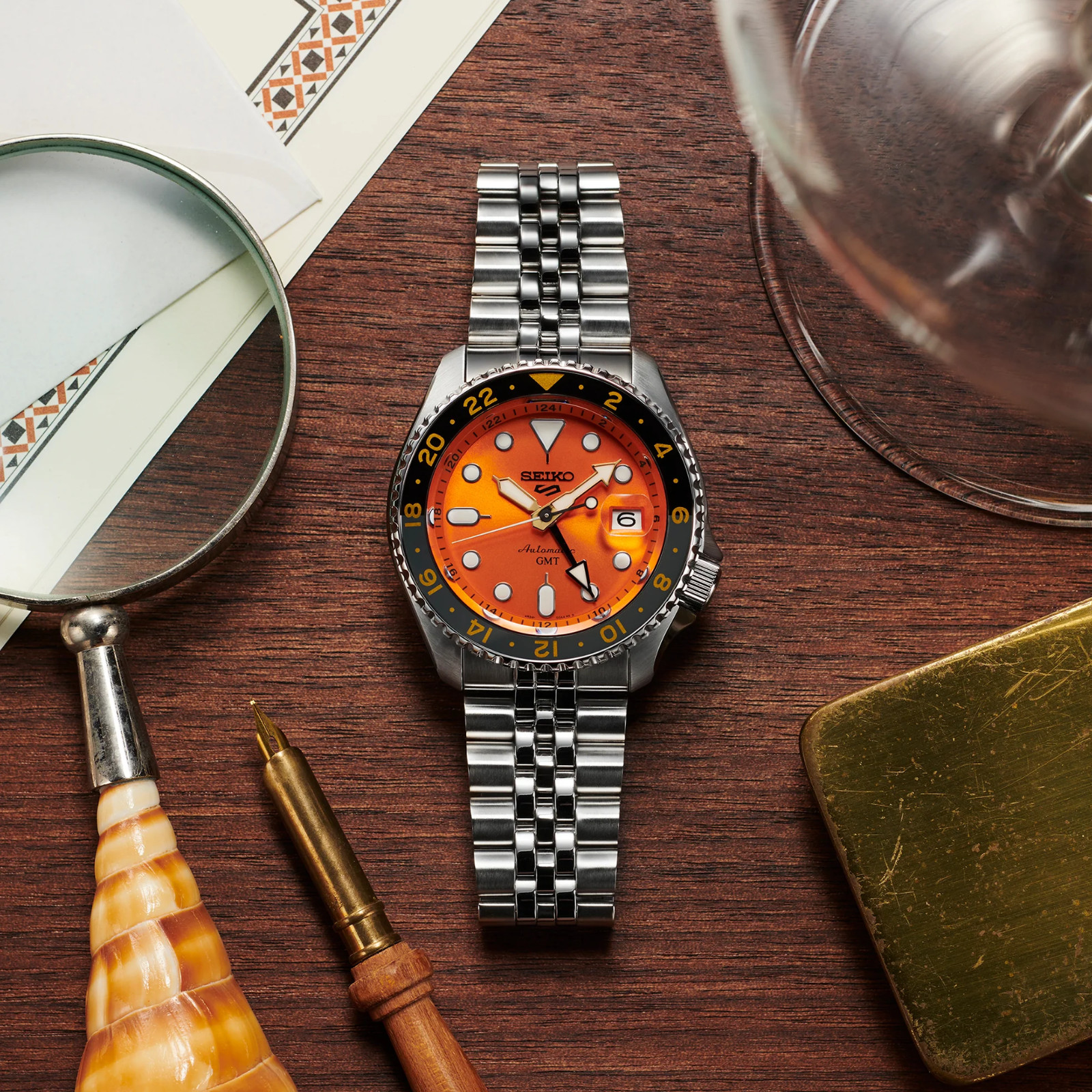 Seiko SSK005 5 Sports Men’s Silver Tone 42.5mm Stainless Steel Orange Watch