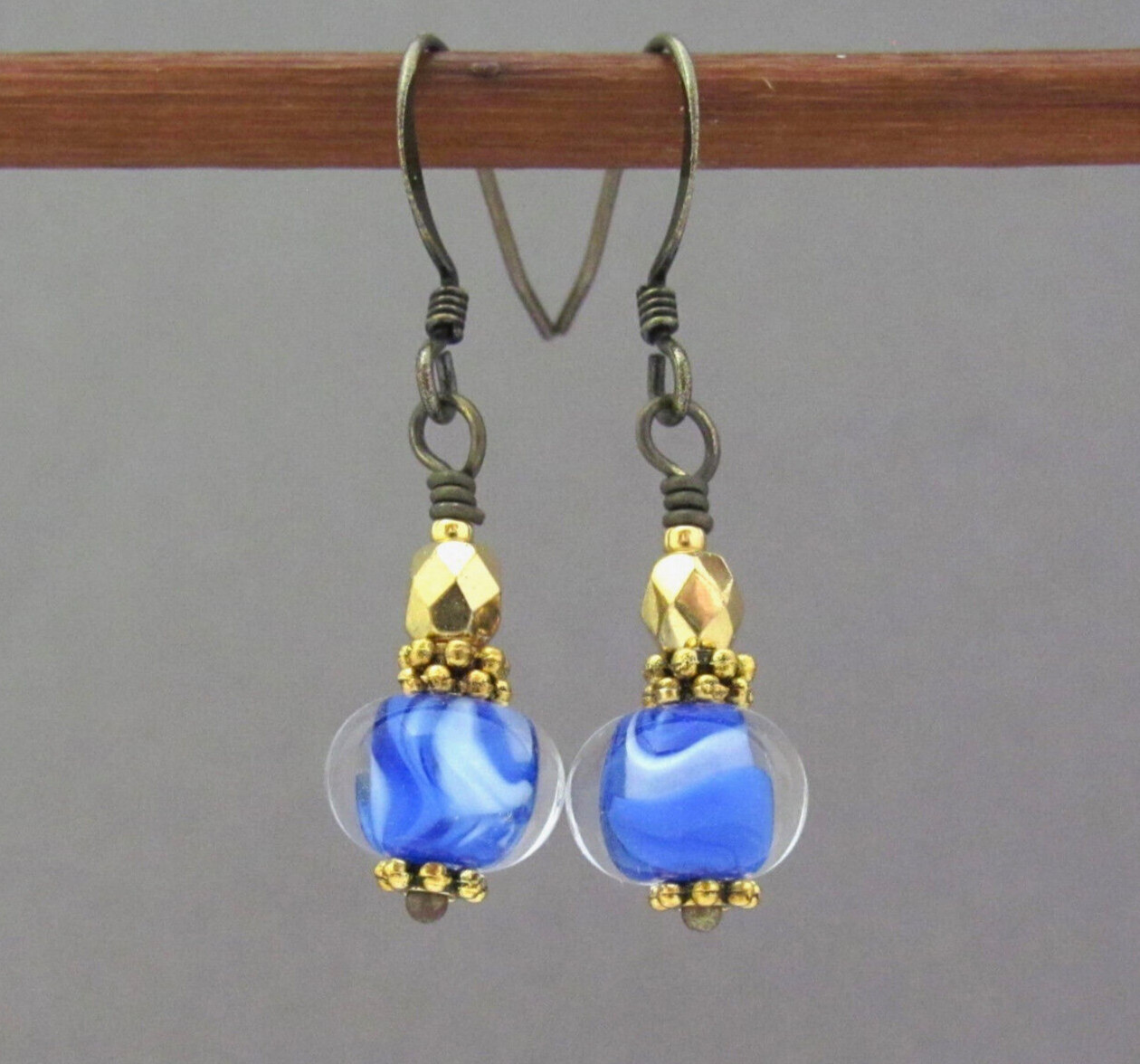 Blue White Earrings Lampwork Glass Antiqued Brass Dainty Boho Chic