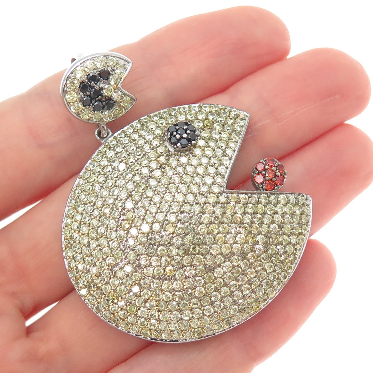 925 Sterling Silver Round-Cut Canary Black & Red C Z Pacman Pendant