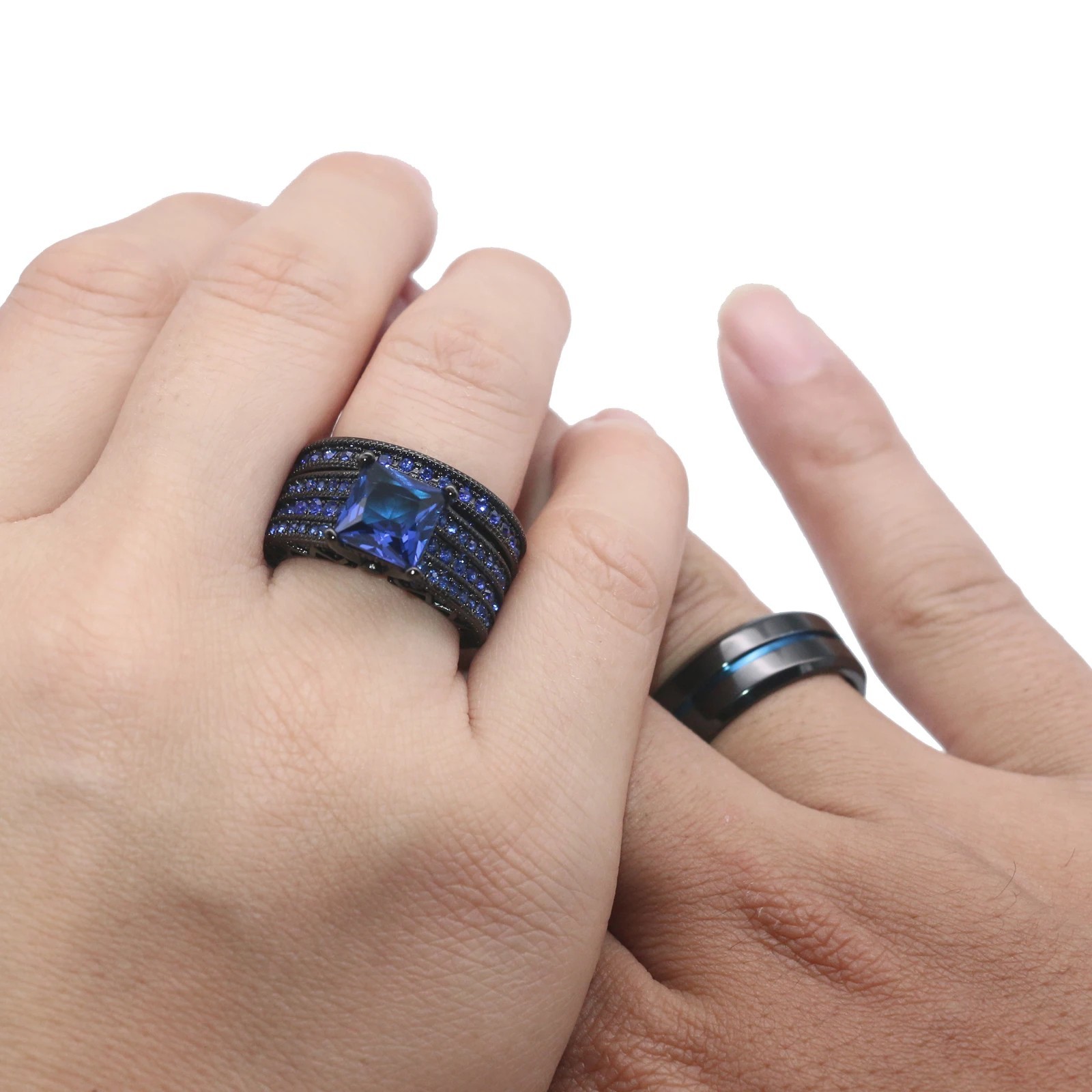 Vintage Black Blue CZ Wedding Engagement Ring Set Bridal Women Fashion Jewelry