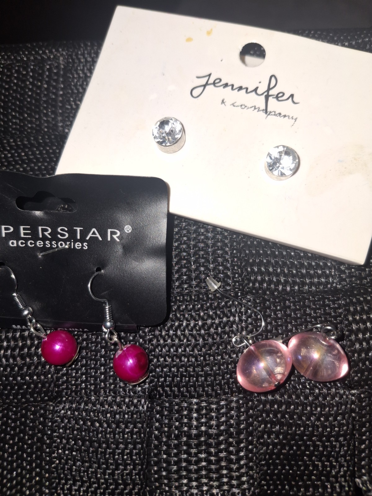 New Earrings for Women – lot of 3. Light Pink, Crystal, and Raspberry.
