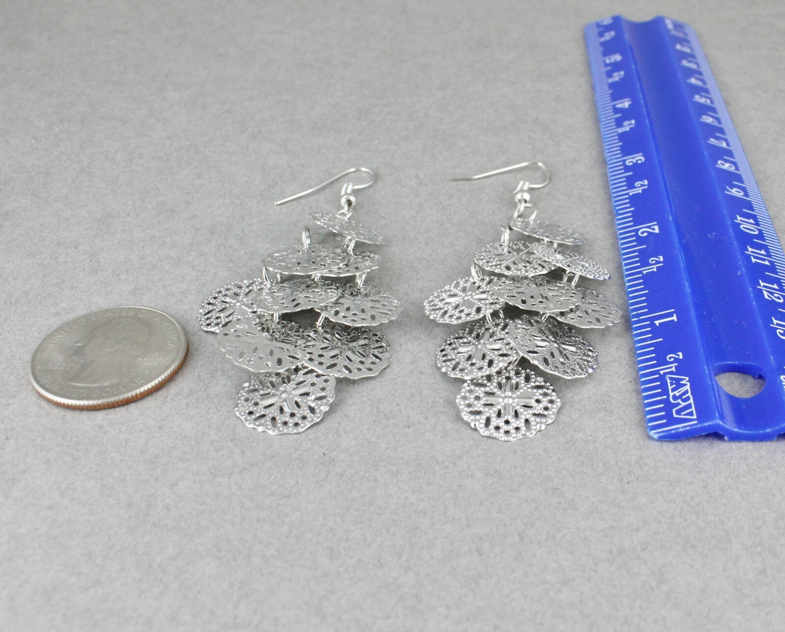 Silver chandelier earrings filigree dangle pendant wiggly 3″ long lightweight