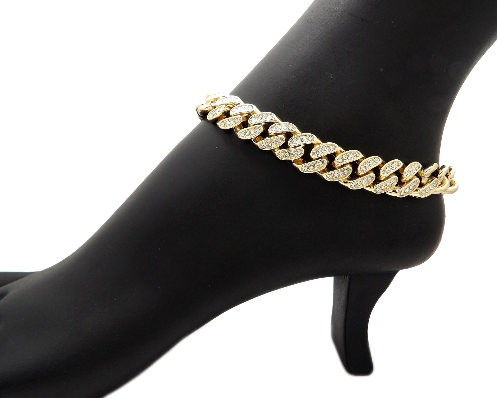 Women’s Cuban Anklet with Half Paved Stones 10mm, 12mm 10 inches Ankle Bracelet