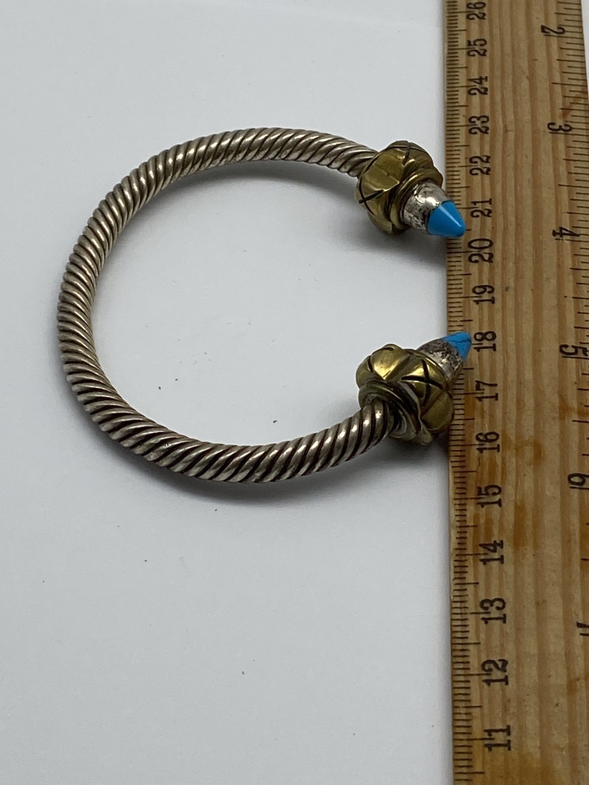 Sterling Silver Two Tone Twisted Cable Turquoise Cuff 6 1/2 Bracelet 54.0g