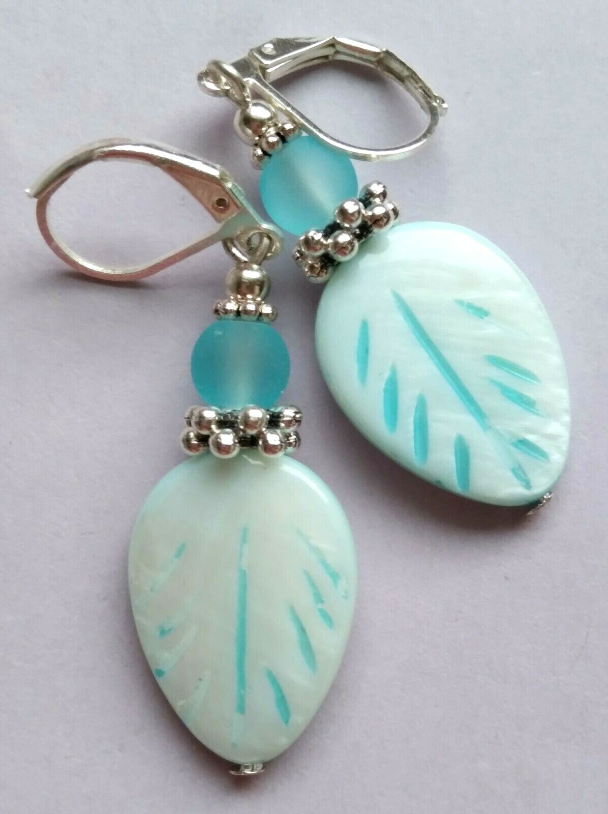 BABY BLUE Carved LEAF frosted crystal earring SP LEVERBACK artisan