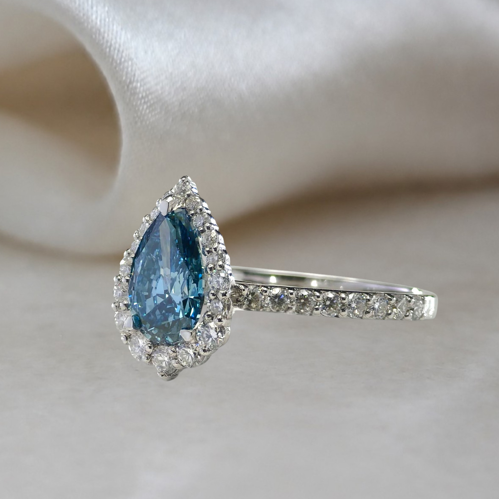 2.00 CT Pear Cut Lab Grown Fancy Intense Blue Diamond Women Ring 18K White Gold