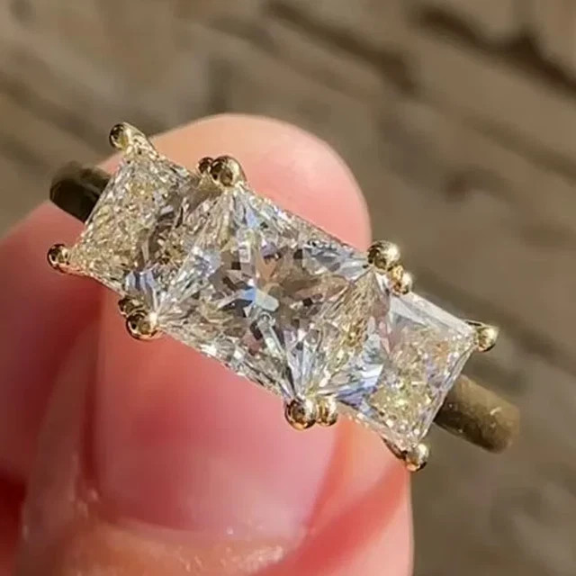 Three-Stone 2.0 CTW Moissanite Princess Cut Wedding Ring 14K Yellow Gold Plated