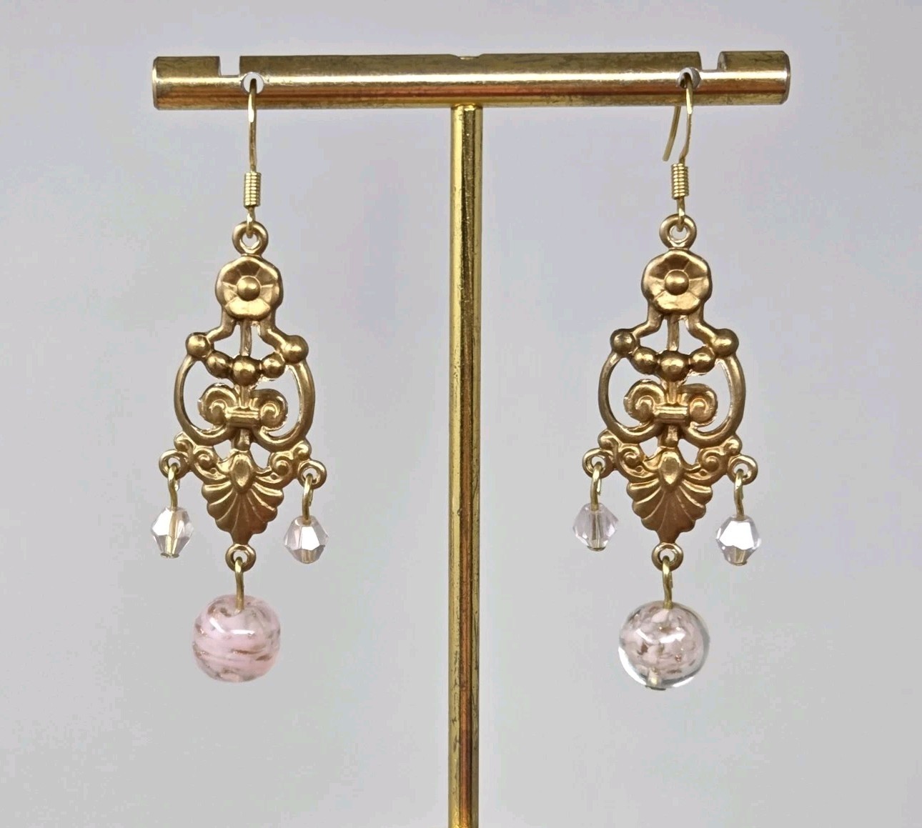 Light Pink Gold Murano Glass & Pink Crystal Dangle Drop Earrings Vintage 2 Inch