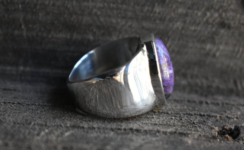 Solid 925 Sterling Silver Natural Purple Charoite Gemstone Men’s Unisex BandRing
