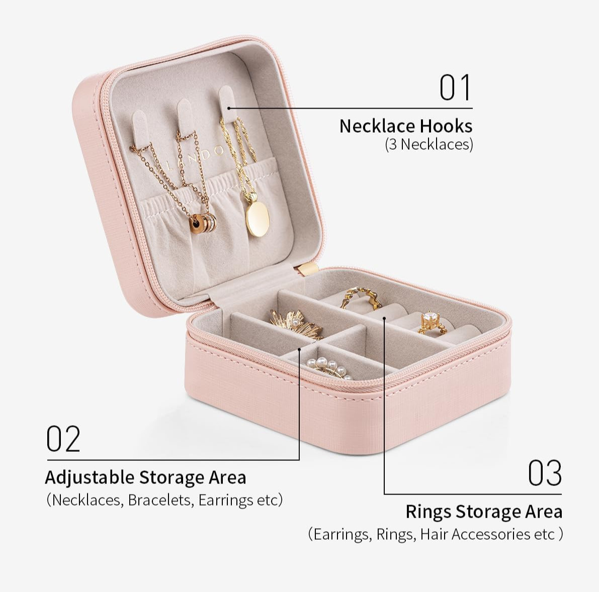 Travel Jewelry Case – Gift for Teen Girls – Light Pink (115)