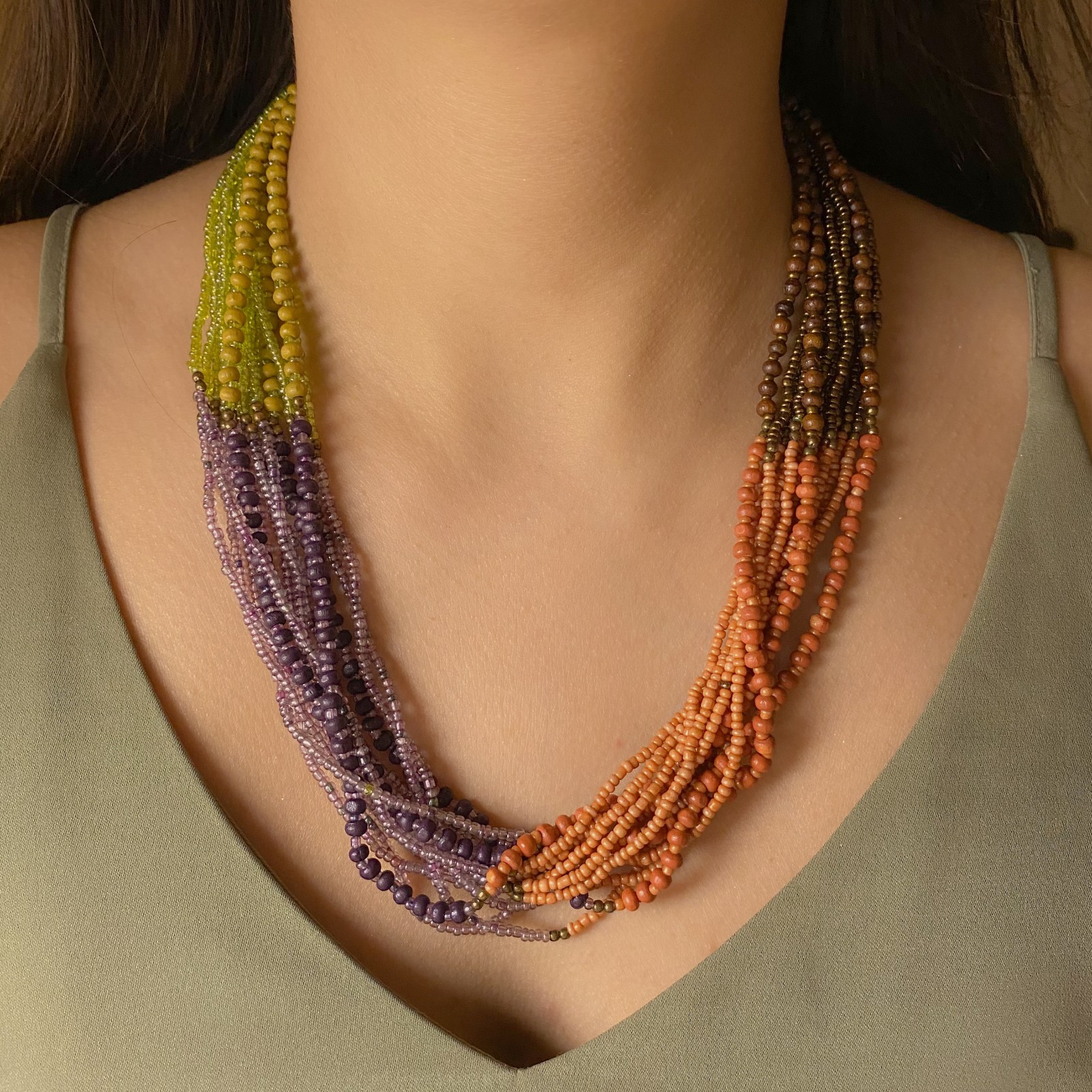 Tribal Boho Earth Tone Multi Strand Glass Wood Seed Beaded Torsade Necklace