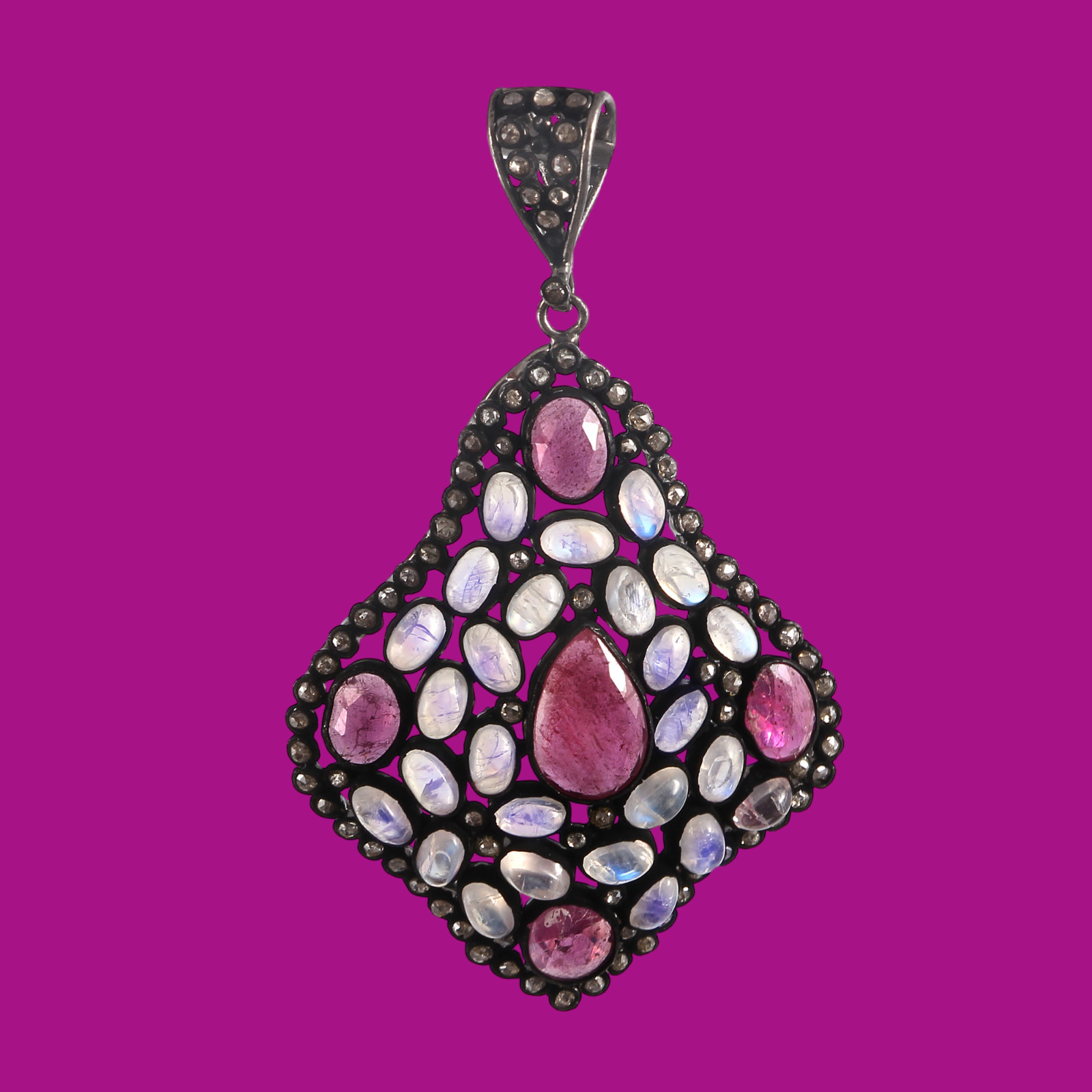 Natural Ruby Diamond Rainbow Moonstone Pendant 925 Sterling Silver Handmade
