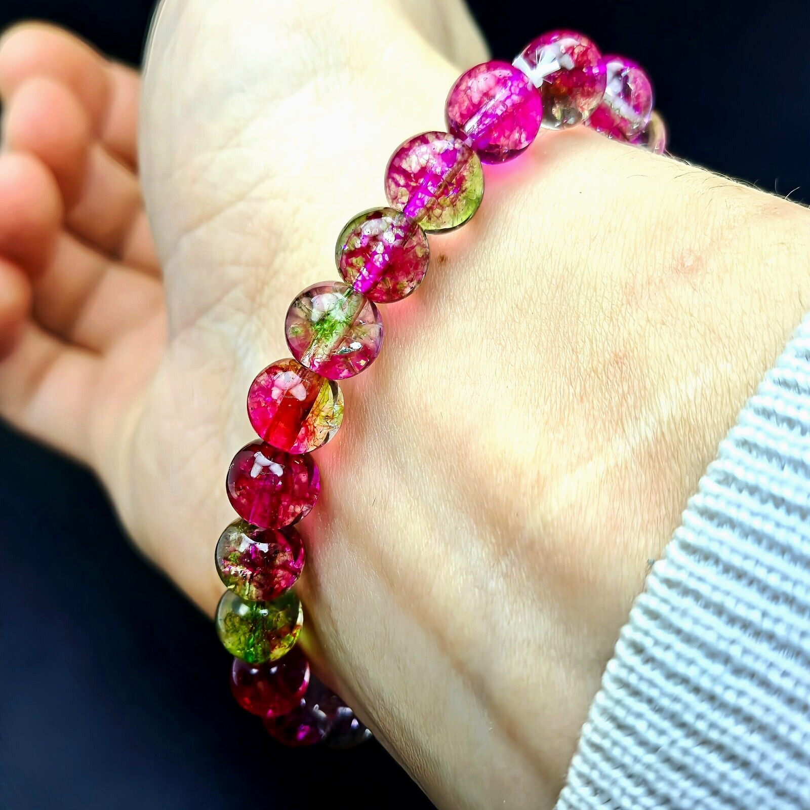 Watermelon ~ Tourmaline Gemstone Bracelet [* 8mm ] + Organza Bag Red