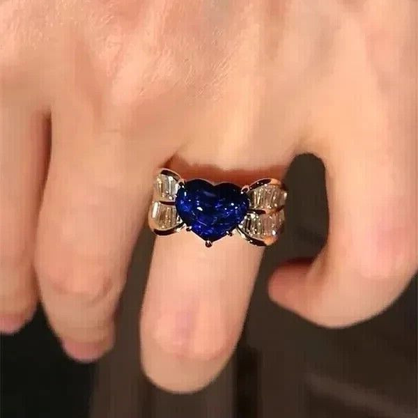 14k White Gold Plated Heart Simulated Sapphire Women’s Wedding Solitaire Ring