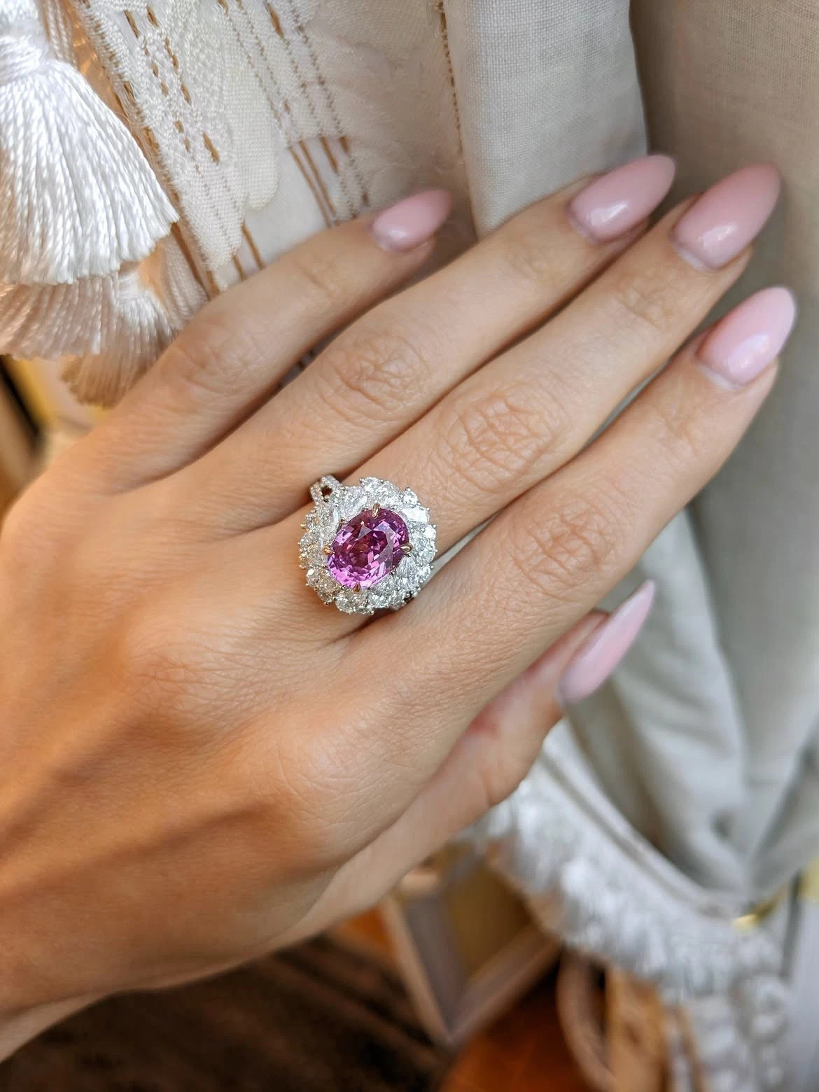 4.80ct Oval Natural Pink Sapphire & Diamond Engagement Ring 18K Solid White Gold