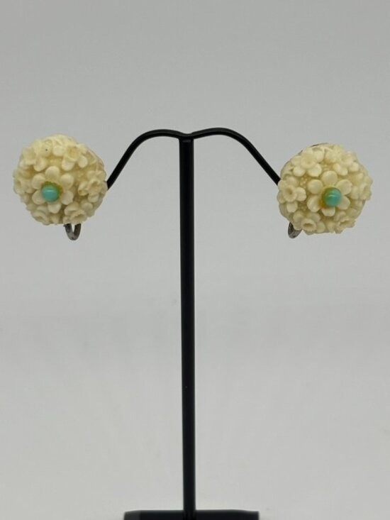 Vintage Earrings Carved Lucite/Resin Flowers Faux Turquoise Screw-Back, Unsigned