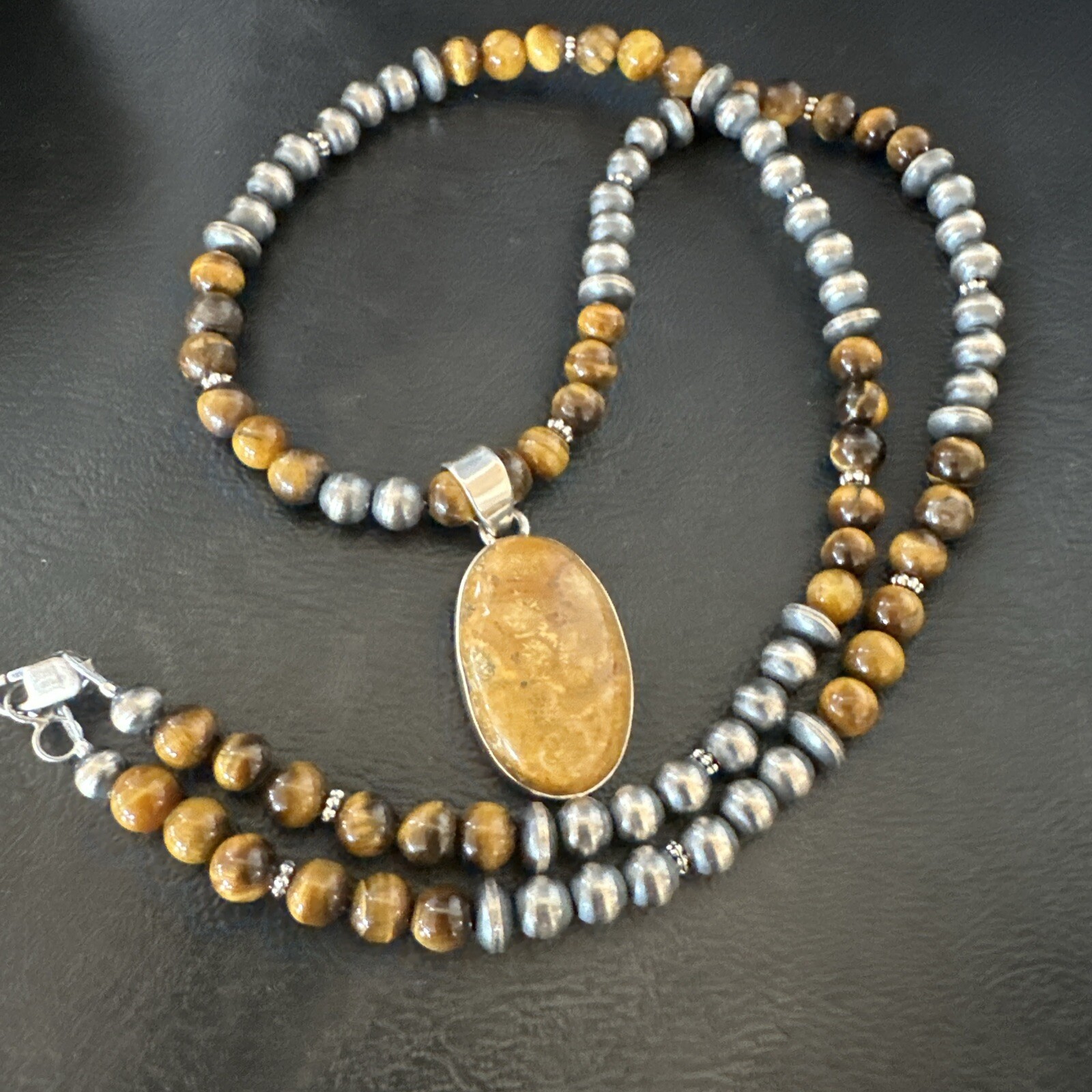 Coffee Brown Tigers Eye Sterling Silver Pendant Necklace Southwestern 18281