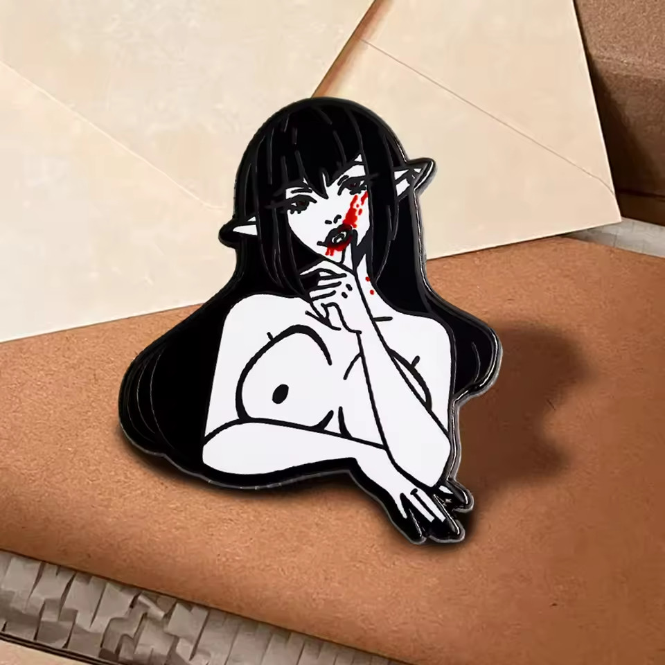 Retro Pointed Ear Beauty Vampire Girl Brooch Comic Lapel Pin Badge Accessory