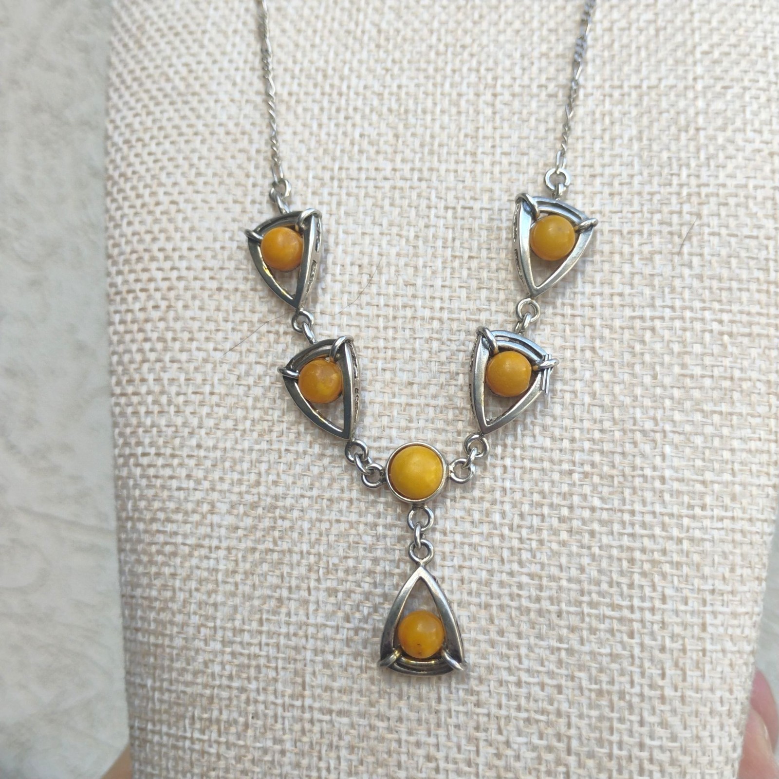 Vintage Baltic Yellow Egg Yolk Amber Sterling Silver Y-Drop Necklace 18″